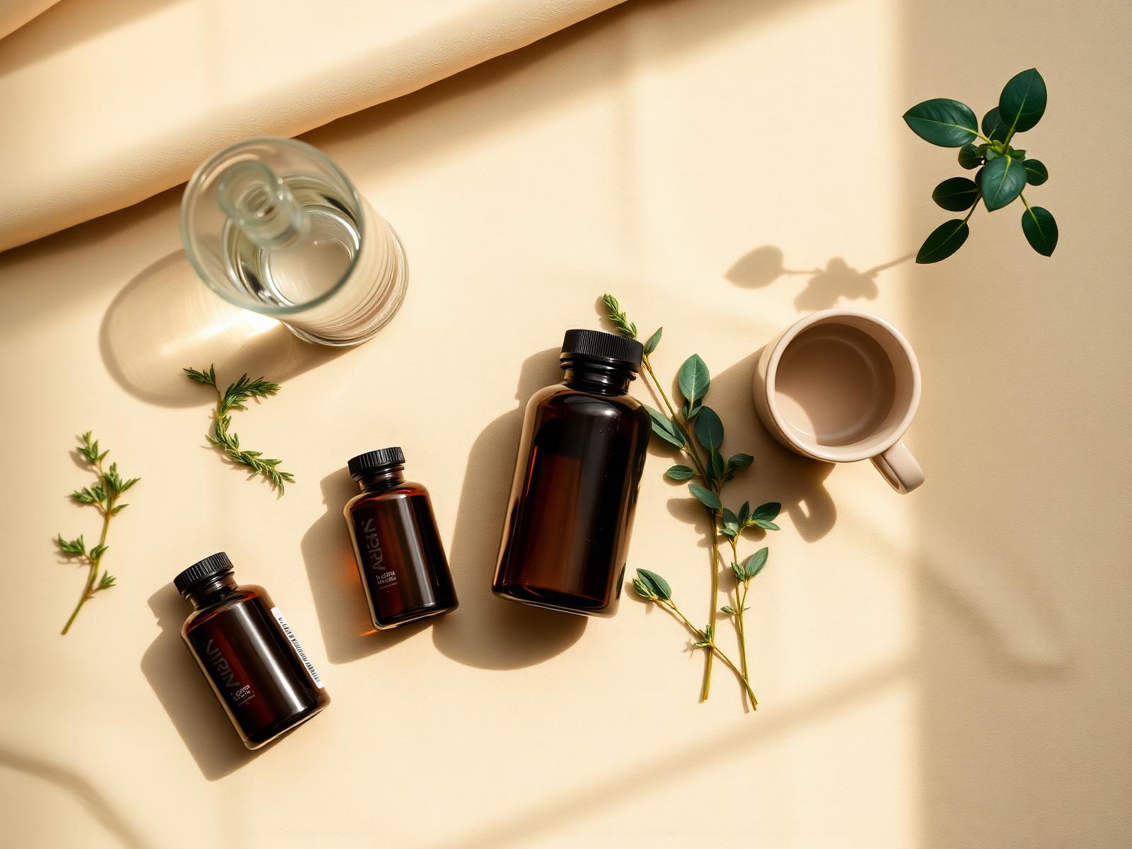 Editorial flat lay of wellness products — amber supplement bottles, glass water, fresh herbs, and a ceramic mug on warm linen